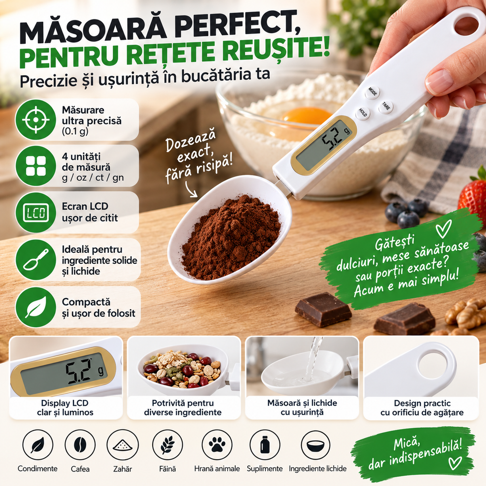 Lingură cu Cântar Digital – Măsoară Exact Ingredientele Direct în Lingură